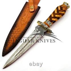 14 Custom Handmade Damascus Steel Dagger/Bowie Knife Wood & Brass Handle