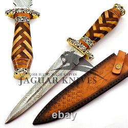14 Custom Handmade Damascus Steel Dagger/Bowie Knife Wood & Brass Handle