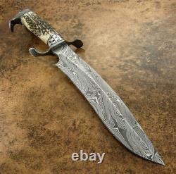 16 Custom hunting Bowie knife forged Damascus Steel with Stag Horn Handle