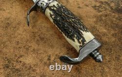 16 Custom hunting Bowie knife forged Damascus Steel with Stag Horn Handle