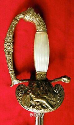 19th C Gilt Brass French Officer Naval Epee Sword & MOP Grip Napoleon Battle War