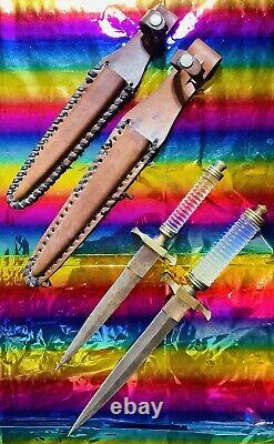 2 Vintage Ebay 1/1 Glass Handle Pakistan Dagger Knife Brass Tang Leather Sheath