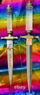 2 Vintage Ebay 1/1 Glass Handle Pakistan Dagger Knife Brass Tang Leather Sheath