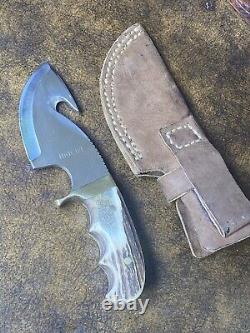 2005 Custom Knife 7.5 with4 Blade, Stag Handle Brass & Leather Sheath by Bricut