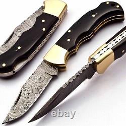 3 Pcs Of Lot Handmade Damascus Steel Folding Knife With Black Horn&Brass Handle