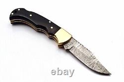 3 Pcs Of Lot Handmade Damascus Steel Folding Knife With Black Horn&Brass Handle