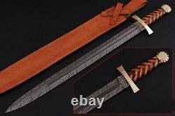 31custom Handmade Damascus Steel Viking Sword With Brass & Wood Handle Seath