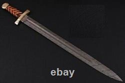 32 Custom Handmade Damascus Steel Viking Sword With Brass And Wood Handle