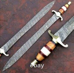 32 Custom Handmade Hand Forged Damascus Steel Viking Sword, wood&brass Handle