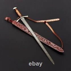 36 Custom Handmade Damascus Steel Viking Sword With Brass & Wood Handle +sheath
