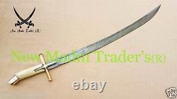 38 Damascus Bone & Brass Cross Guard Handle Tatar Sword With Wooden Scabbard