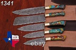 5 Hand Forged Damascus Steel Chef Kitchen Knife Set With Risen Handle Ah 1341