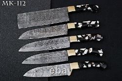 5 Pcs Hand Crafted Damascus Steel Chef Knife Kitchen set Wood Brass Handle MK112
