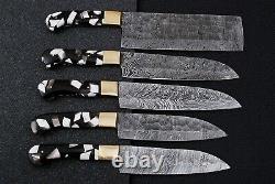 5 Pcs Hand Crafted Damascus Steel Chef Knife Kitchen set Wood Brass Handle MK112