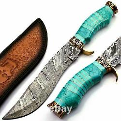5 Pcs Of Lot Handmade Damascus Steel Hunting Knife &Turquoise Stone&Brass Handle