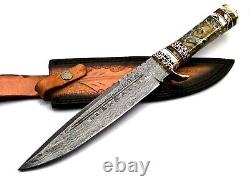 5 pcs ALONZO CUSTOM HAND DAMASCUS STEEL HUNTING KNIFE WITH BRASS&ACRYLIC HANDLE