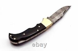 50 Pcs Of Lot Handmade Damascus Steel Folding Knife With Black Horn&brass Handle