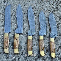 5HAND FORGED DAMASCUS STEEL CHEF KNIFE KITCHEN SET WithOlive Wood & Brass HANDLE