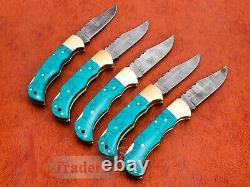 5Pcs Of Lot Handmade Damascus Steel Folding Knife With raisin & Brass Handle