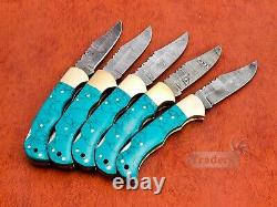 5Pcs Of Lot Handmade Damascus Steel Folding Knife With raisin & Brass Handle