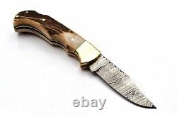 5Pcs Of Lot Handmade Damascus Steel Folding Pocket Knife With Stag &Brass Handle