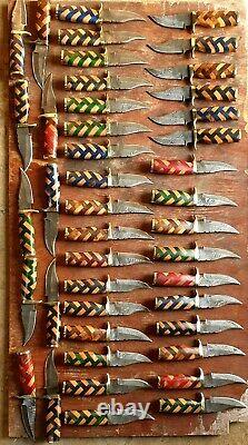 6 Damascus Steel Knives, Set of 50, Handmade, Wood Handle with Brass Guard