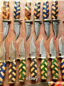 6 Damascus Steel Knives, Set of 50, Handmade, Wood Handle with Brass Guard