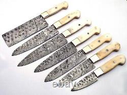 7 Pcs Custom Handmade Damascus Steel Chef Knife Set With Bone & Steel Handle