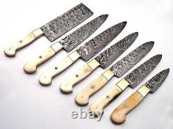 7 Pcs Custom Handmade Damascus Steel Chef Knife Set With Bone & Steel Handle