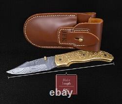 8.5 Hand Forged Damascus Folding Pocket Hunting Knife Engraved Brass Handle