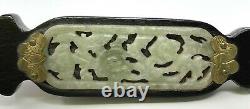ANTIQUE CHINESE LETTER OPENER w JADE INSERT IN THE WOOD HANDLE w BRASS BLADE