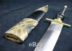 ANTIQUE VINTAGE OLD KNIFE DAGGER BLADE INDIA Carved HANDLE Brass CASE Estate