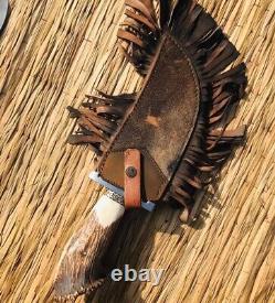 Ab Cutlery Handmade Steel D2 Bowie Knife Handle Steel Clip, Brass And Stag Crown