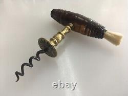 Antique Brass Henshall Corkscrew Direct Pull Dusting Brush Turned Wood Handle