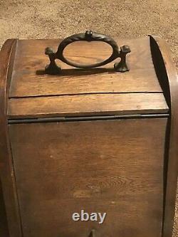 Antique Coal Scuttle Wooden Box withSteel Liner Bucket Brass Handle Stove Tool