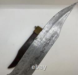 Antique Dagger Knife Blade Fixed Metal Handle Brass Wood Sheath Flower Rare 19th