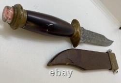 Antique Dagger Knife Blade Fixed Metal Handle Brass Wood Sheath Flower Rare 19th