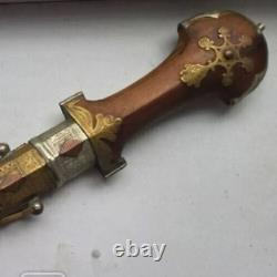 Antique Dagger Knife Kumiya Morocco Jewish Fixed Brass Wood Handle Rare Old 20th