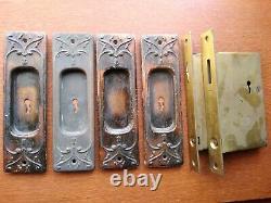 Antique Fancy Double Pocket Door Pulls & Brass-Plated Locks with Handles c1900