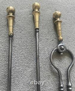 Antique Georgian Set Of Brass Handled And Steel Fire Irons Fire Tools