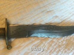 Antique Mexican Scorpion Knife Engraved Blade Wooden & Brass Handle With Sheave