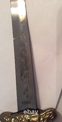 Asian Samurai Sword Steel Blade Inscription Dragon Wood Brass Handle Scabbard