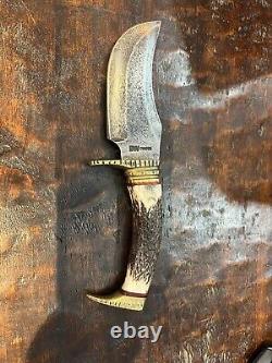 BW cumtom knife, damascus blade, stag handle, brass trim with leather sheath