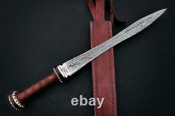 Beautiful Custom Hand-Forged Damascus Steel Sword Rose Wood & Brass Handle