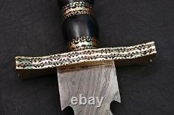 Beautiful Long Double Edged Damascus Steel Sword Black Micarta and Brass Handle