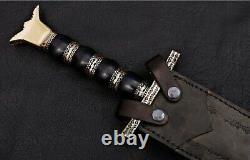 Beautiful Long Double Edged Damascus Steel Sword Black Micarta and Brass Handle