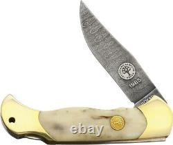 Boker Lockback Folding Knife Damascus Steel Blade Brass Frame/Deer Stag Handle