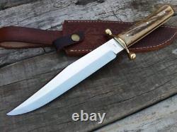 Bowie Knife D2 Steel Full Tang Brass Hilt Stag Handle Hunting Survival Knives