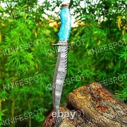Bowie Knife made with Damascus steel and Turquoise Stone & Brass Handle & cover