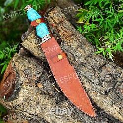 Bowie Knife made with Damascus steel and Turquoise Stone & Brass Handle & cover